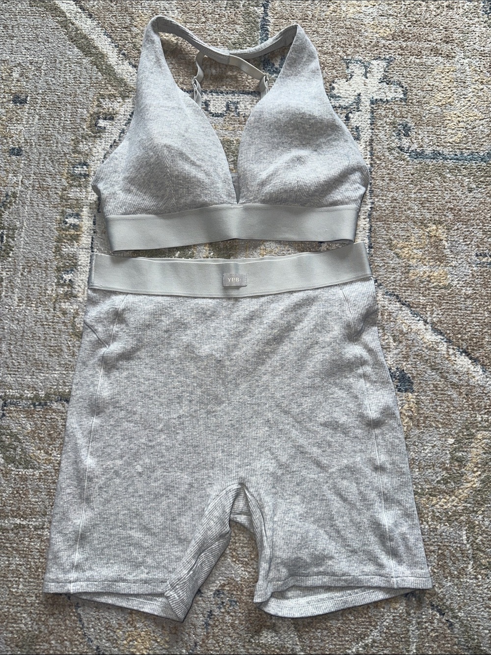 Abercrombie & Fitch Light Gray Ribbed Bralette & High-Waist Biker Shorts Set